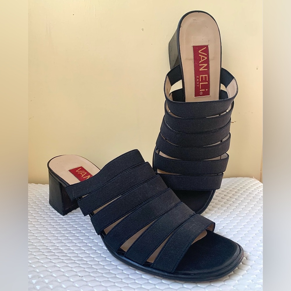VAN ELI Black Strappy Sandals 2.5” Block Heels Leather/Fabric Size 9 Great Cond!